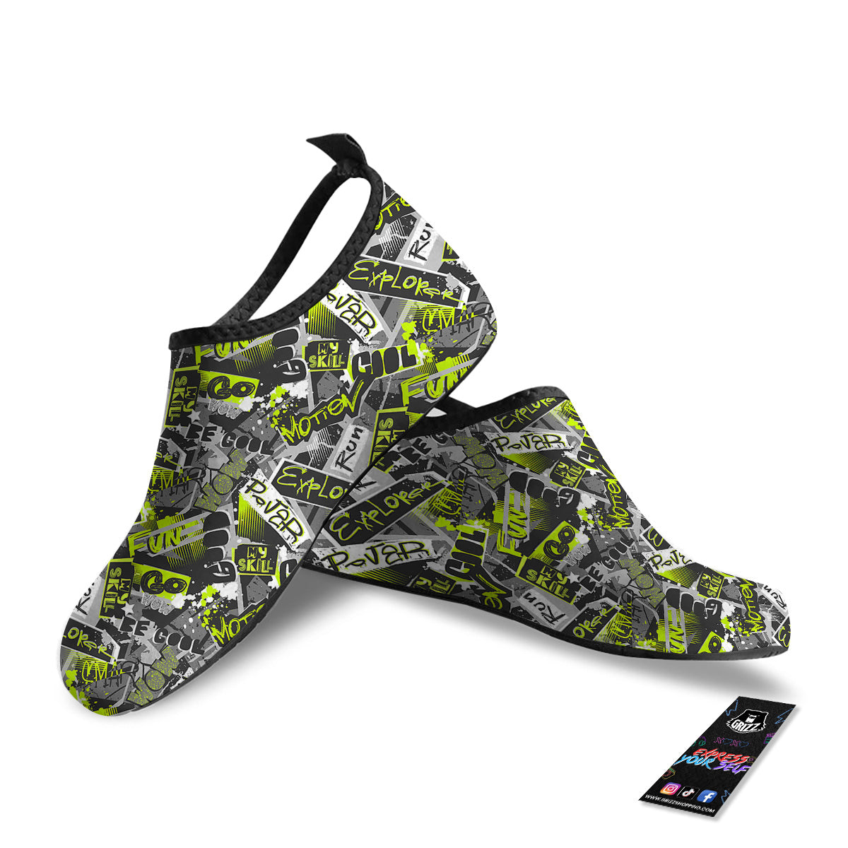 Abstract Grey And Neon Green Graffiti Print Pattern Water Shoes-grizzshop