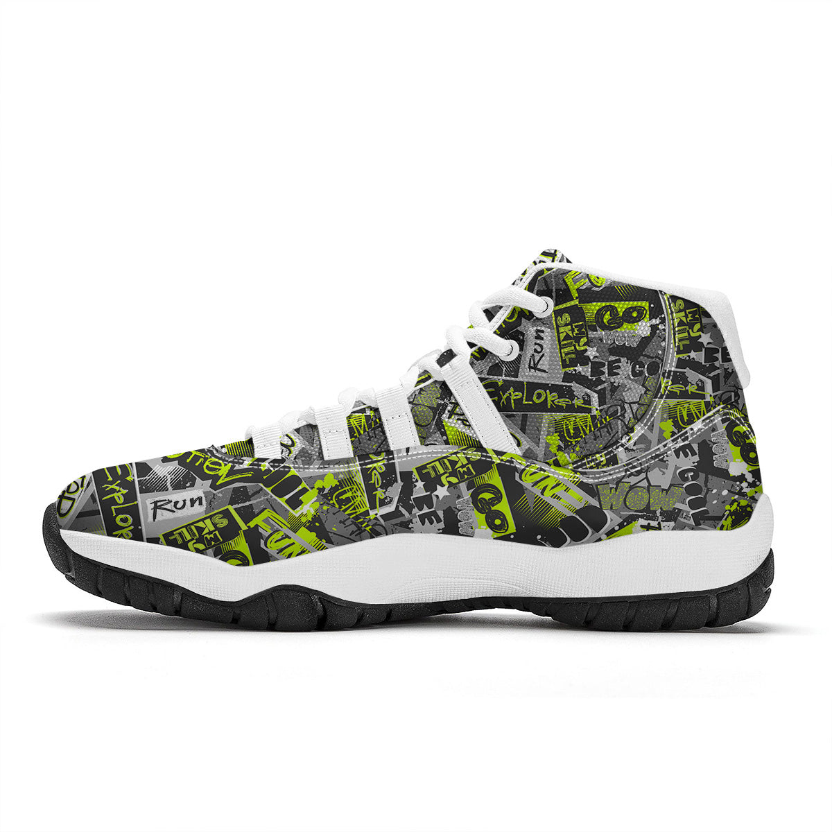 Abstract Grey And Neon Green Graffiti Print Pattern White Bball Shoes-grizzshop