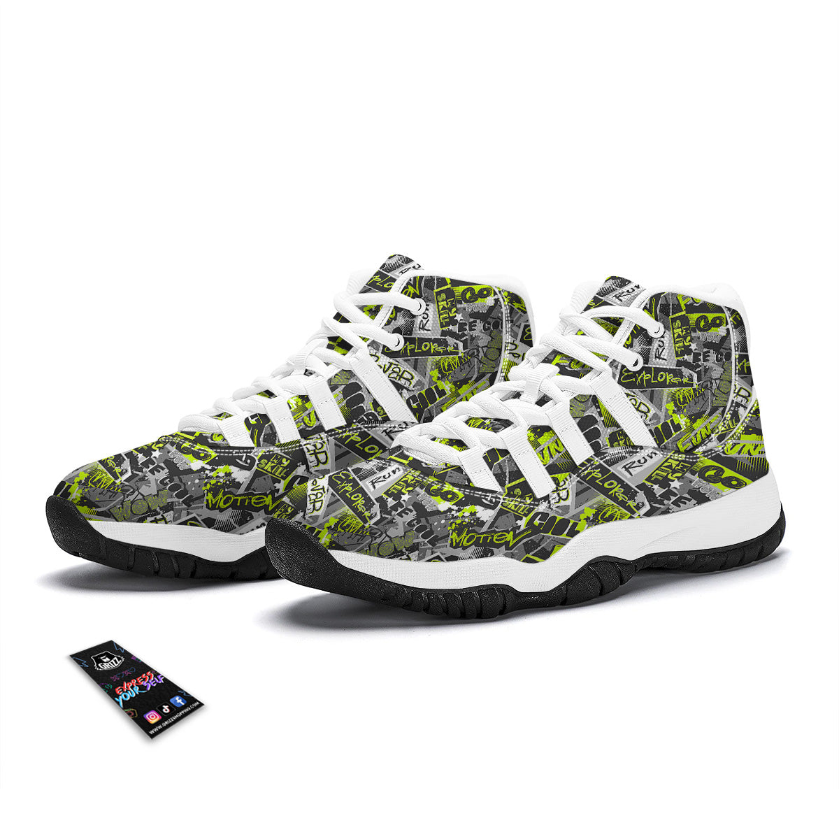 Abstract Grey And Neon Green Graffiti Print Pattern White Bball Shoes-grizzshop