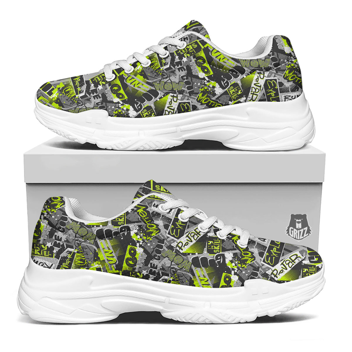 Abstract Grey And Neon Green Graffiti Print Pattern White Chunky Shoes-grizzshop