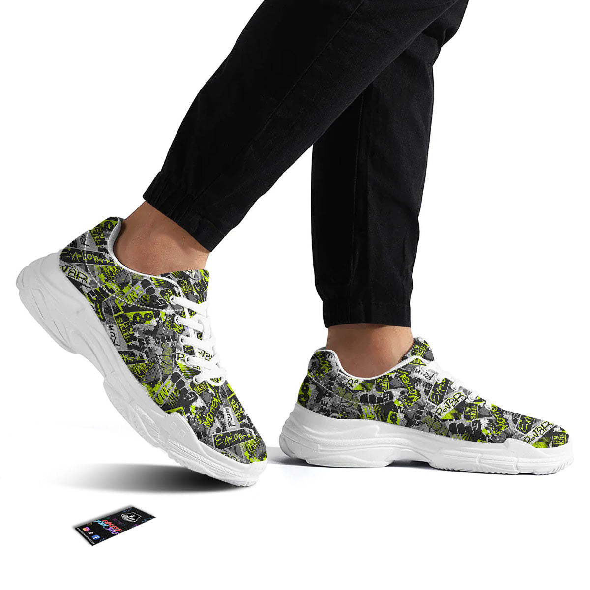 Abstract Grey And Neon Green Graffiti Print Pattern White Chunky Shoes-grizzshop