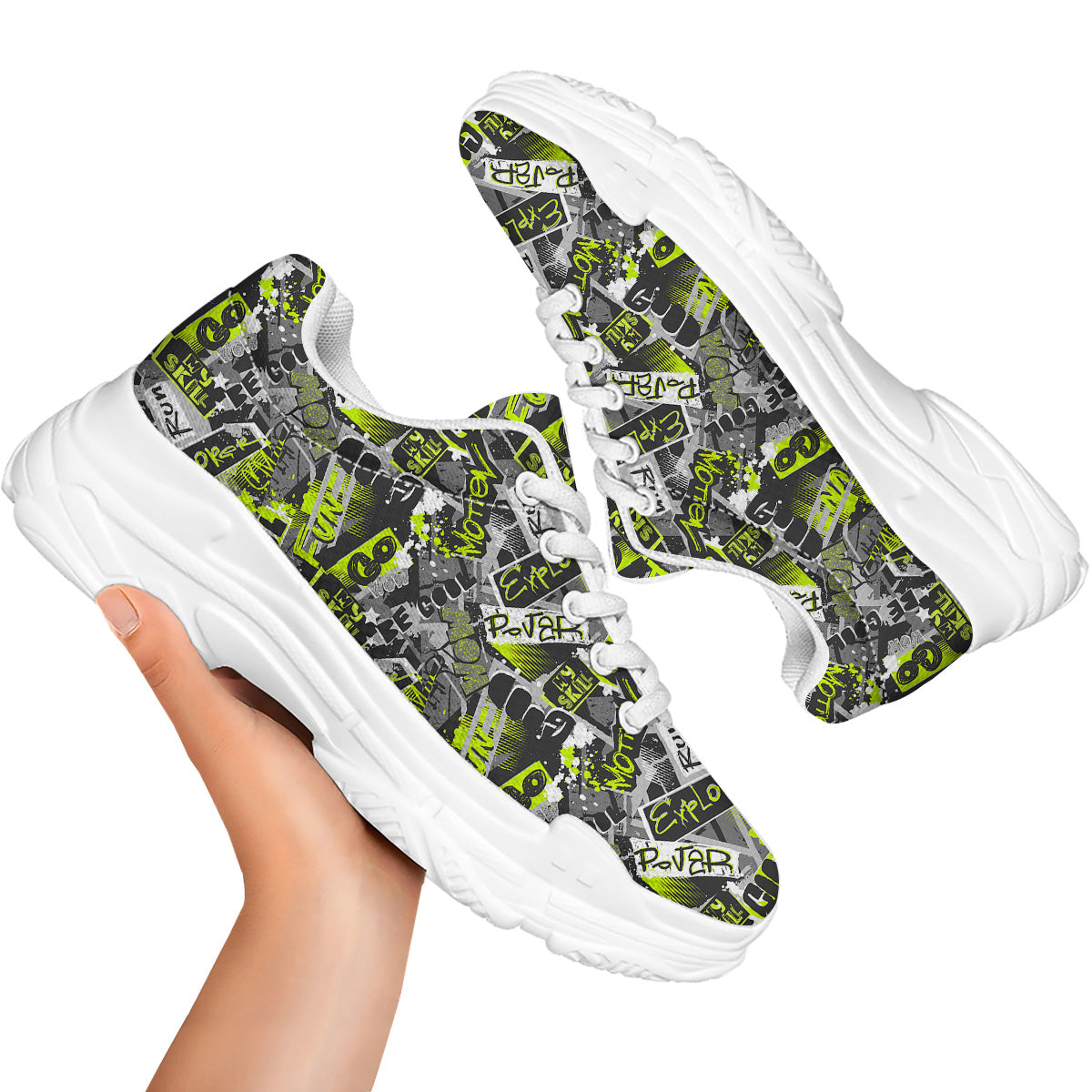 Abstract Grey And Neon Green Graffiti Print Pattern White Chunky Shoes-grizzshop