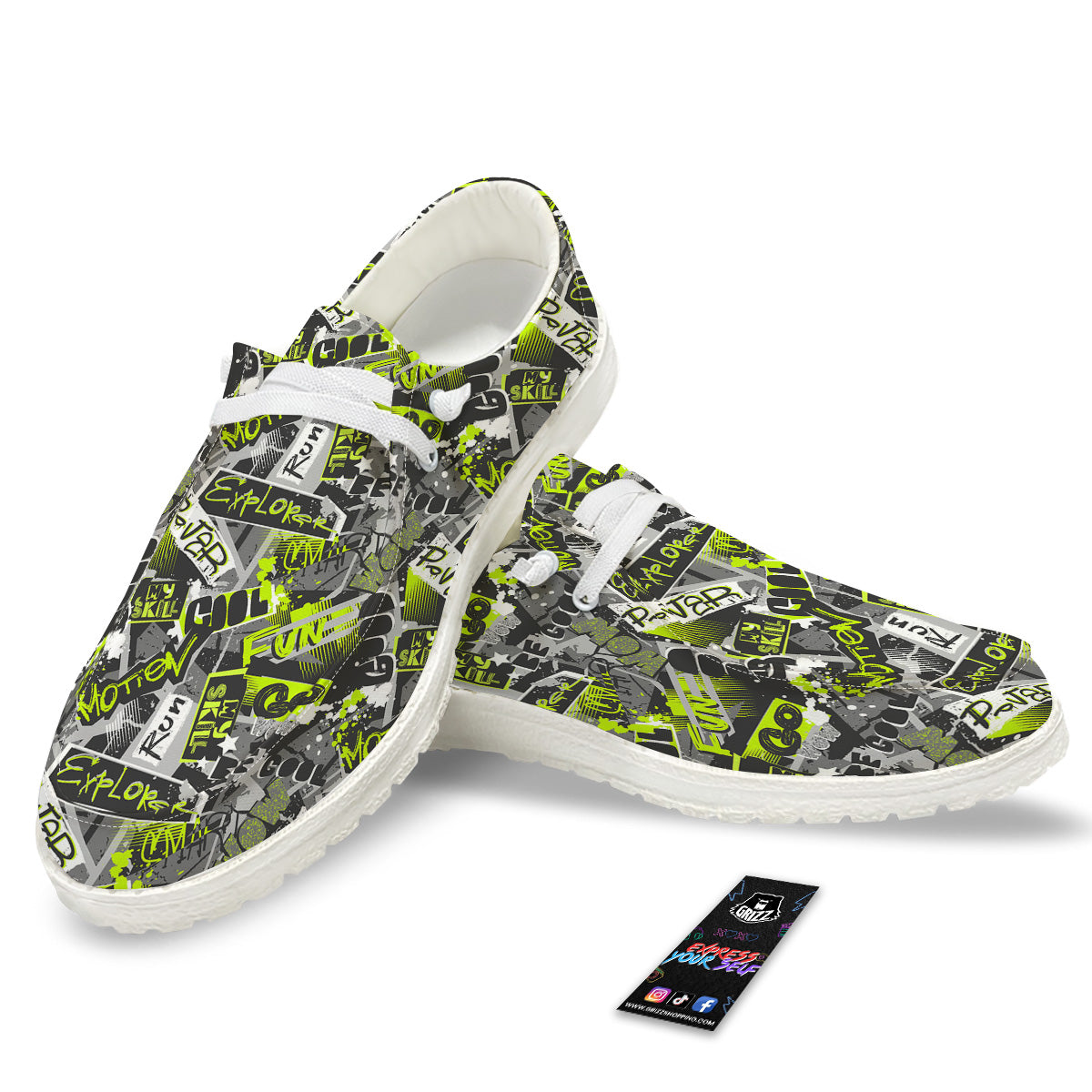 Abstract Grey And Neon Green Graffiti Print Pattern White Loafers-grizzshop