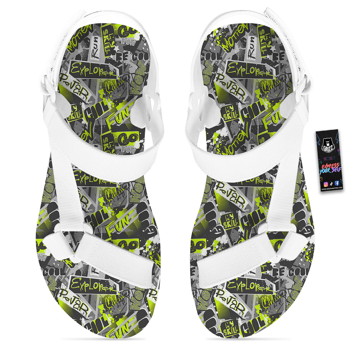 Abstract Grey And Neon Green Graffiti Print Pattern White Open Toe Sandals-grizzshop