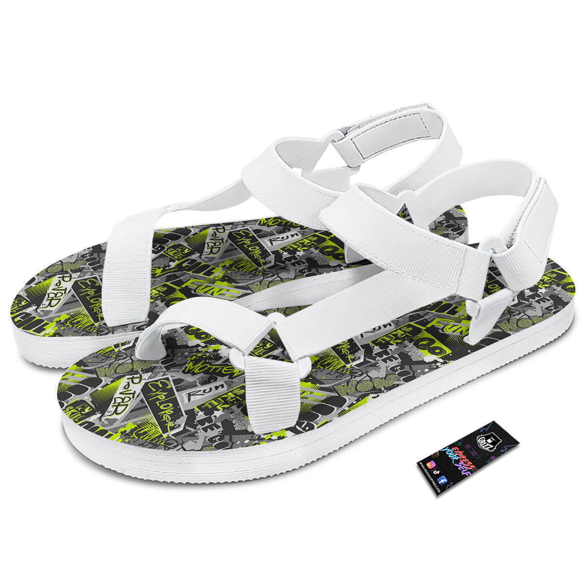 Abstract Grey And Neon Green Graffiti Print Pattern White Open Toe Sandals-grizzshop