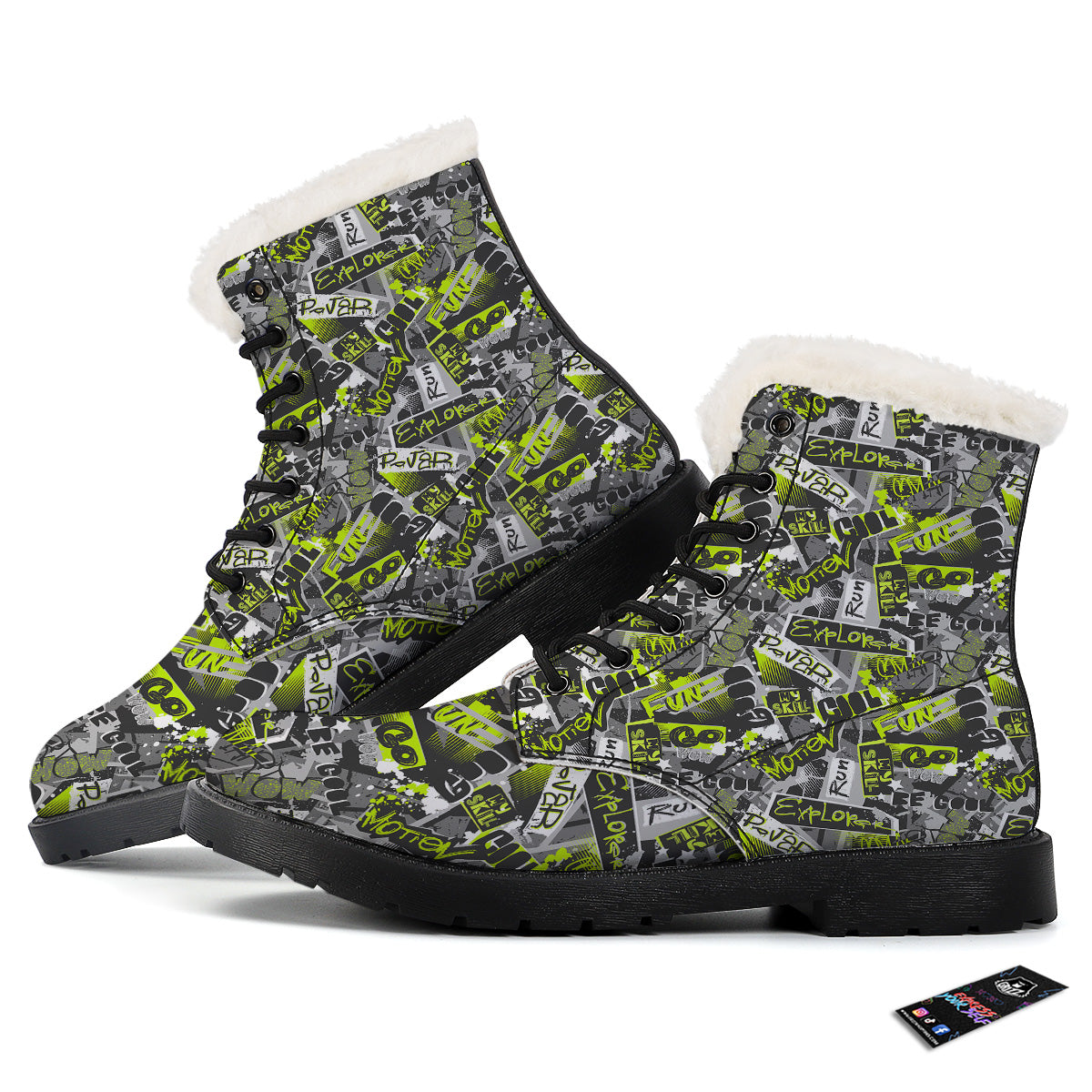 Abstract Grey And Neon Green Graffiti Print Pattern Winter Boots-grizzshop