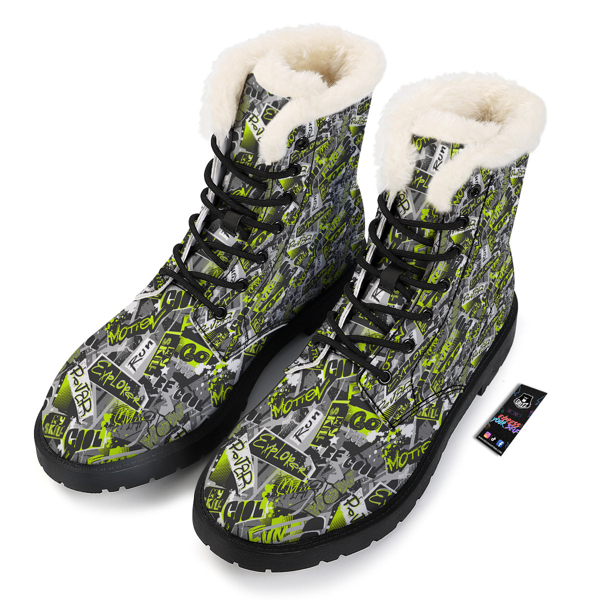 Abstract Grey And Neon Green Graffiti Print Pattern Winter Boots-grizzshop