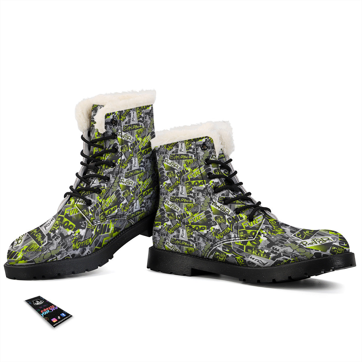 Abstract Grey And Neon Green Graffiti Print Pattern Winter Boots-grizzshop