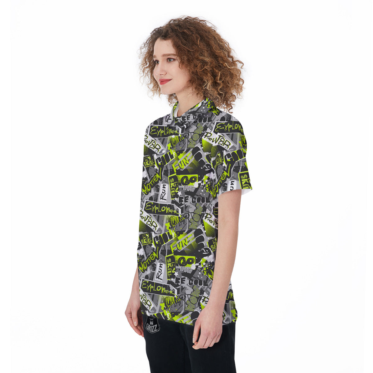 Abstract Grey And Neon Green Graffiti Print Pattern Women's Golf Shirts-grizzshop