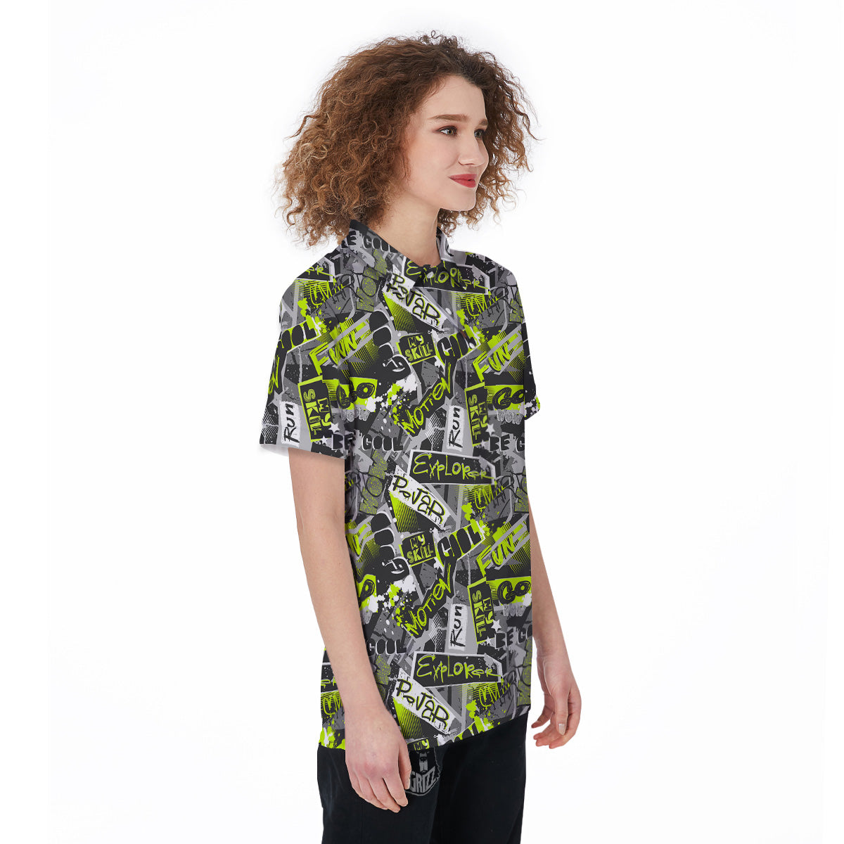 Abstract Grey And Neon Green Graffiti Print Pattern Women's Golf Shirts-grizzshop