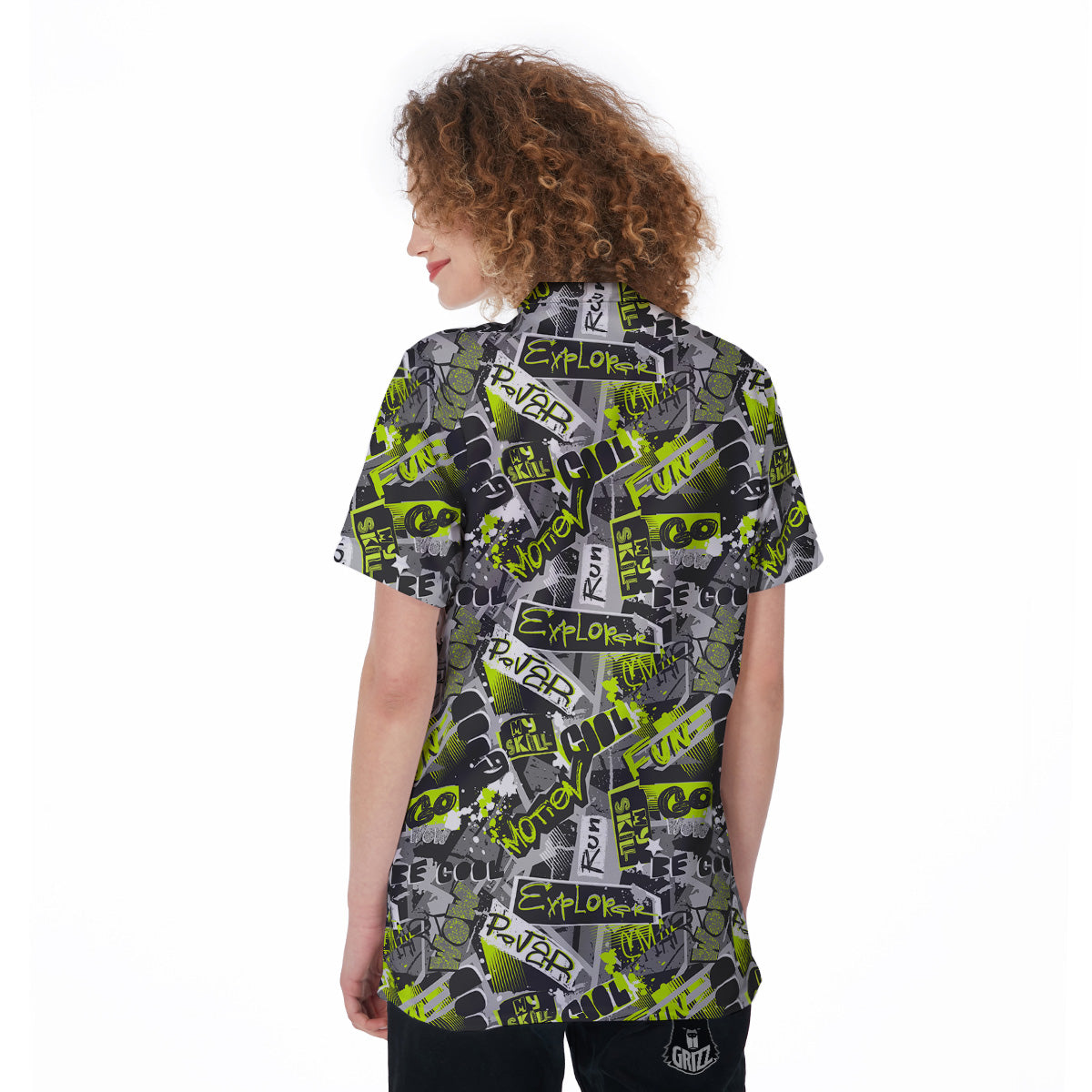 Abstract Grey And Neon Green Graffiti Print Pattern Women's Golf Shirts-grizzshop