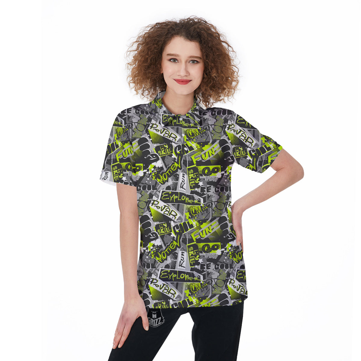 Abstract Grey And Neon Green Graffiti Print Pattern Women's Golf Shirts-grizzshop