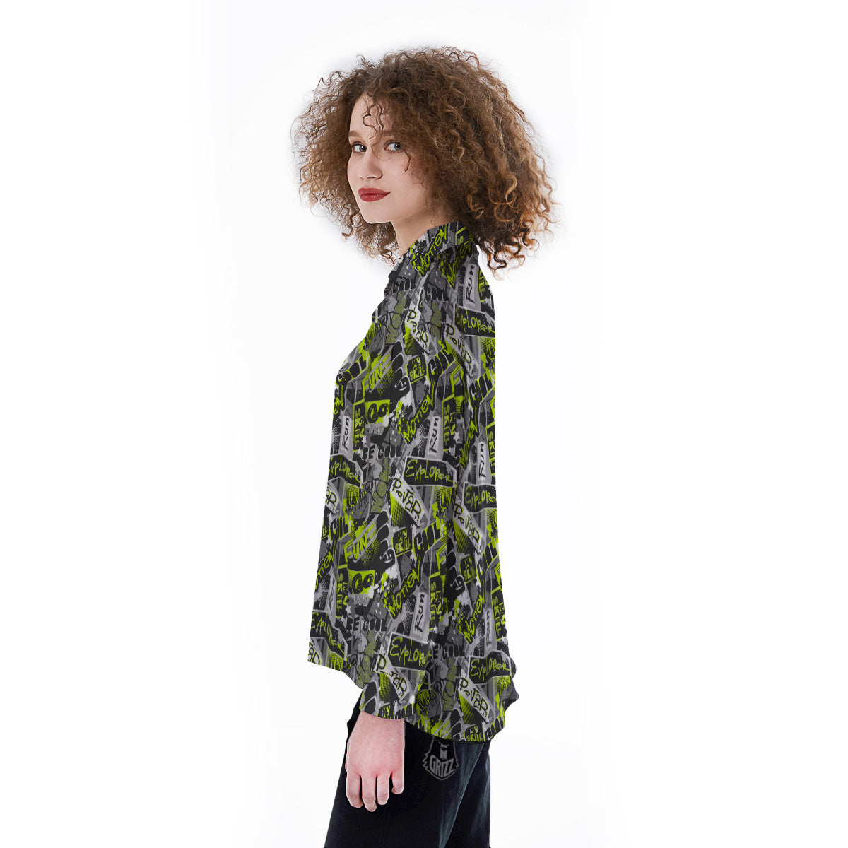 Abstract Grey And Neon Green Graffiti Print Pattern Women's Long Sleeve Shirts-grizzshop