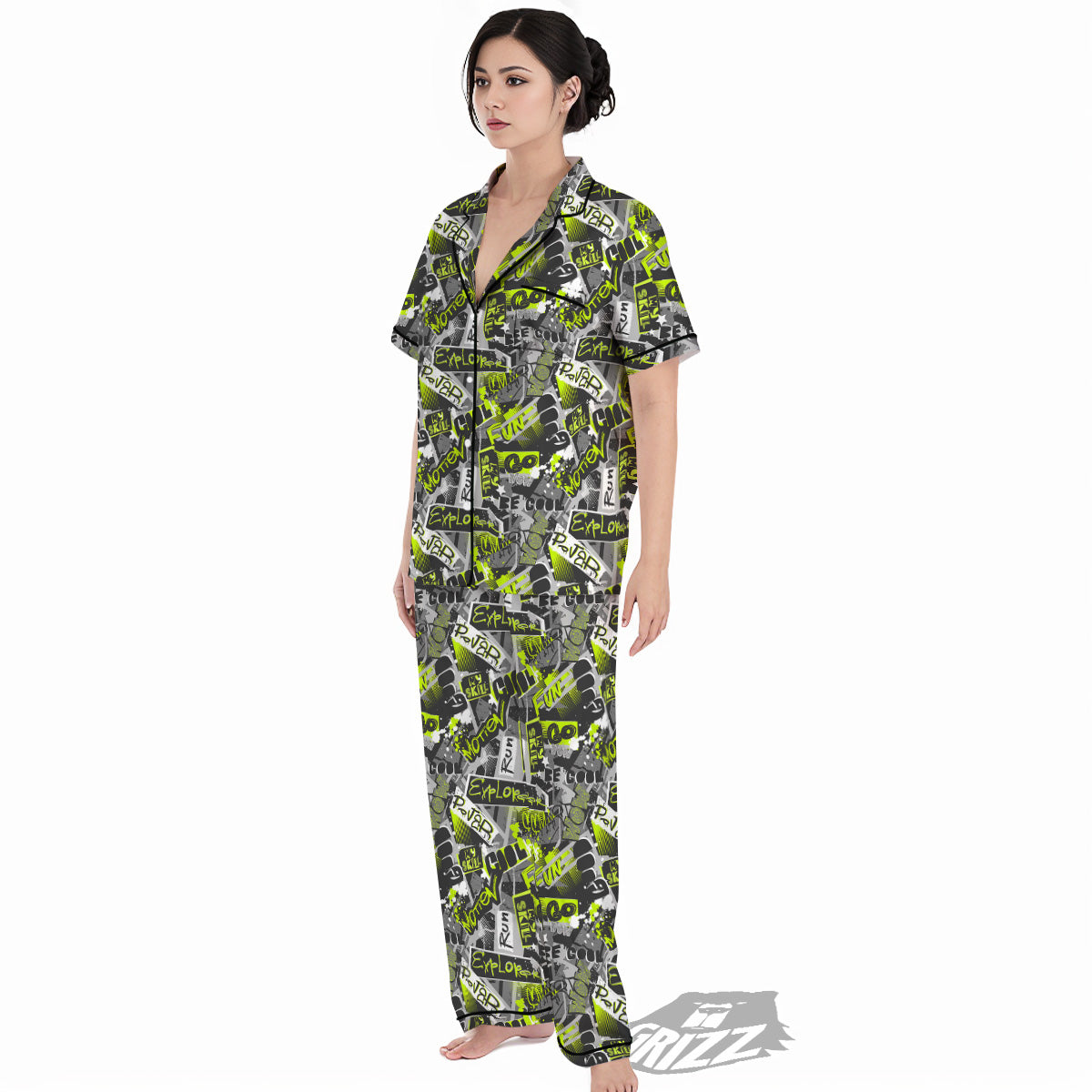 Abstract Grey And Neon Green Graffiti Print Pattern Women's Pajamas Set-grizzshop