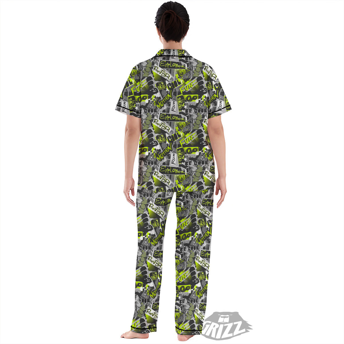 Abstract Grey And Neon Green Graffiti Print Pattern Women's Pajamas Set-grizzshop