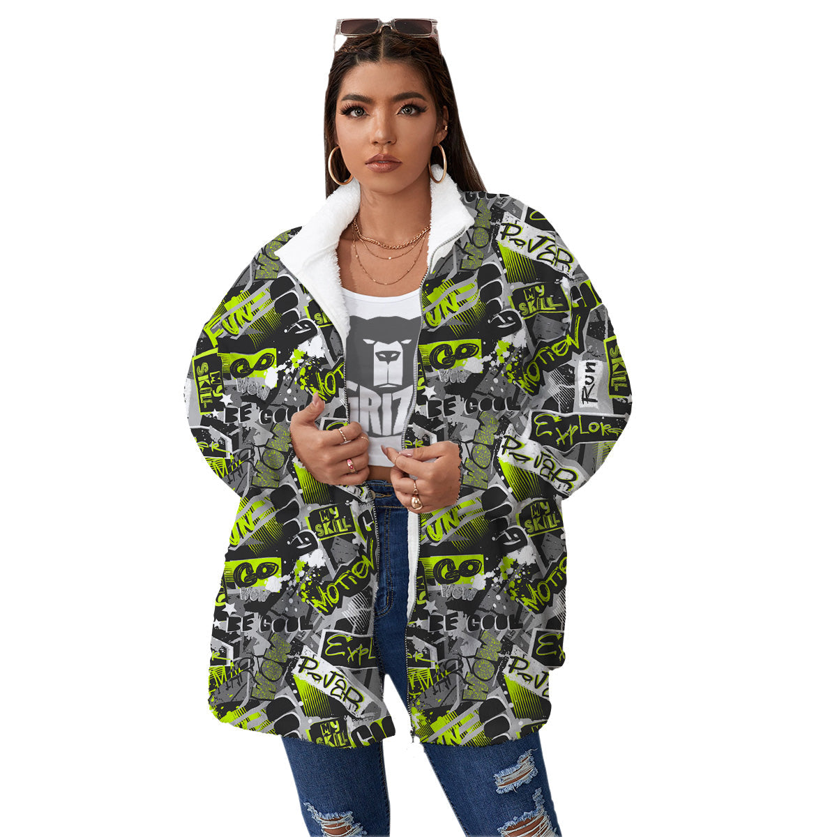 Abstract Grey And Neon Green Graffiti Print Pattern Women's Sherpa Jacket-grizzshop