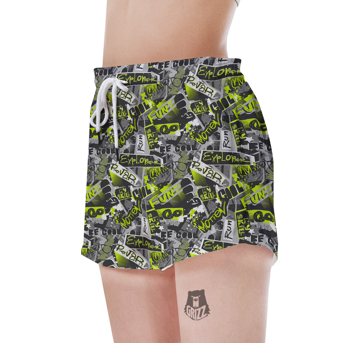 Abstract Grey And Neon Green Graffiti Print Pattern Women's Shorts-grizzshop
