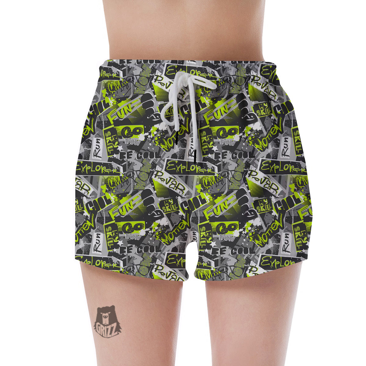 Abstract Grey And Neon Green Graffiti Print Pattern Women's Shorts-grizzshop