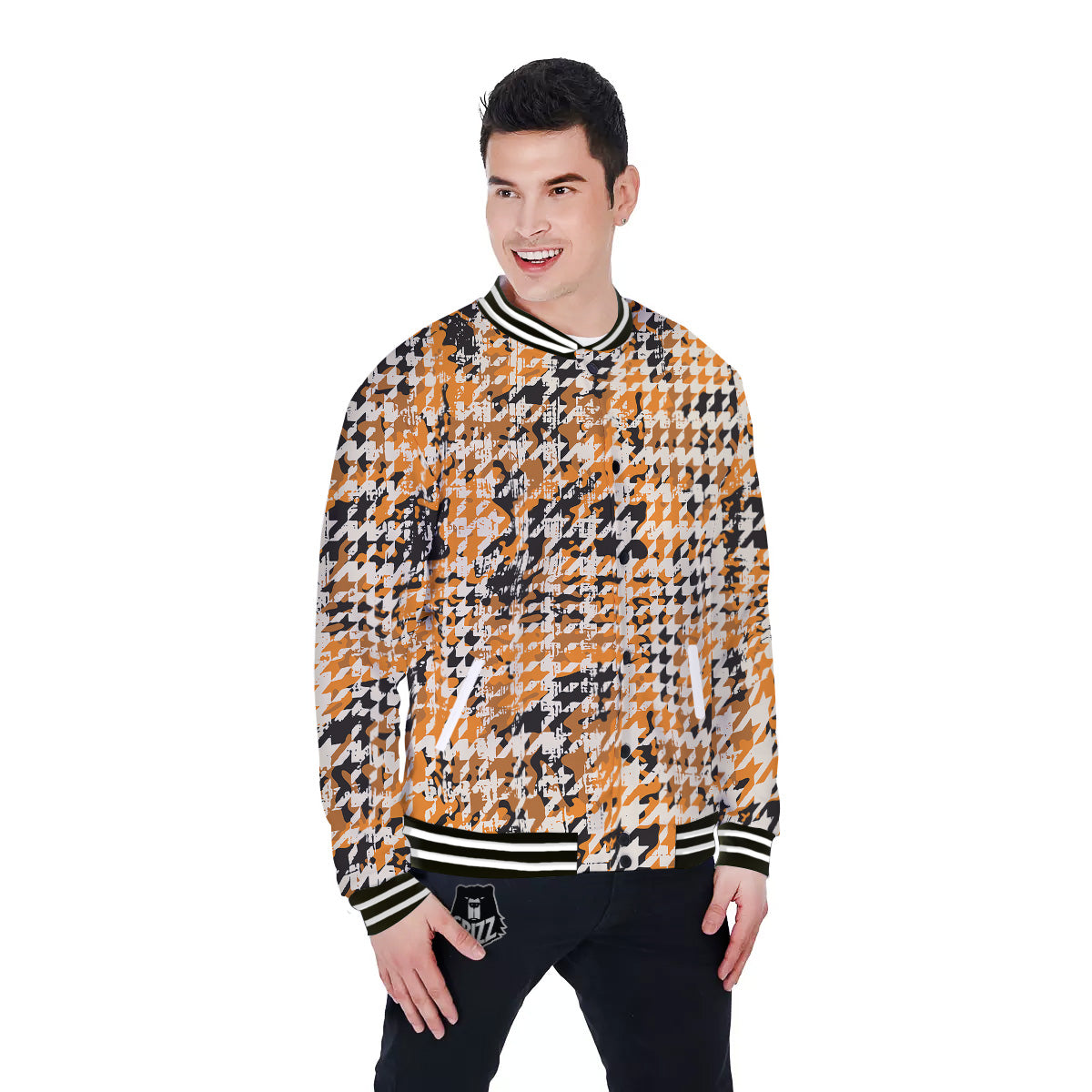 Abstract Grunge Houndstooth Camo Print Pattern Baseball Jacket-grizzshop