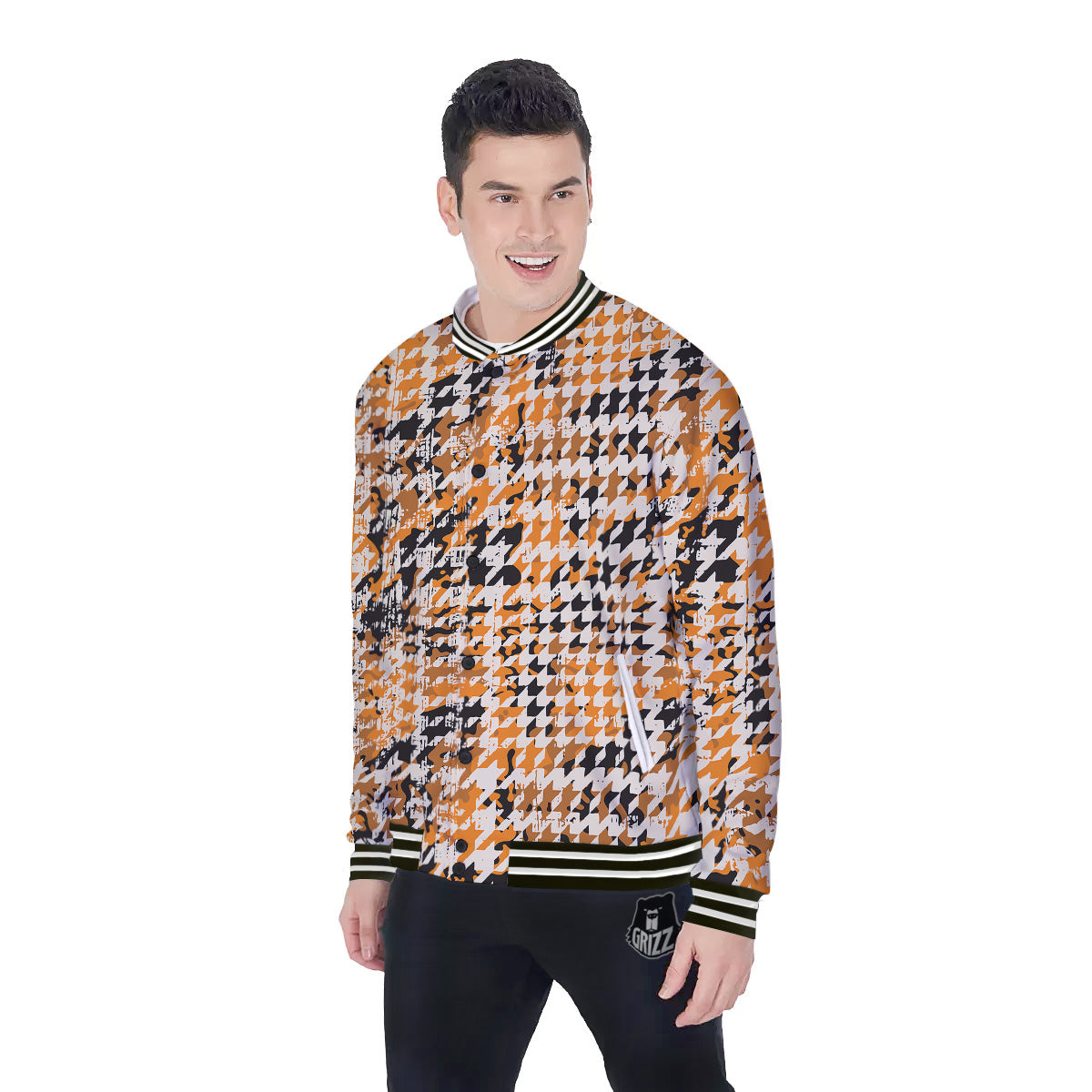 Abstract Grunge Houndstooth Camo Print Pattern Baseball Jacket-grizzshop