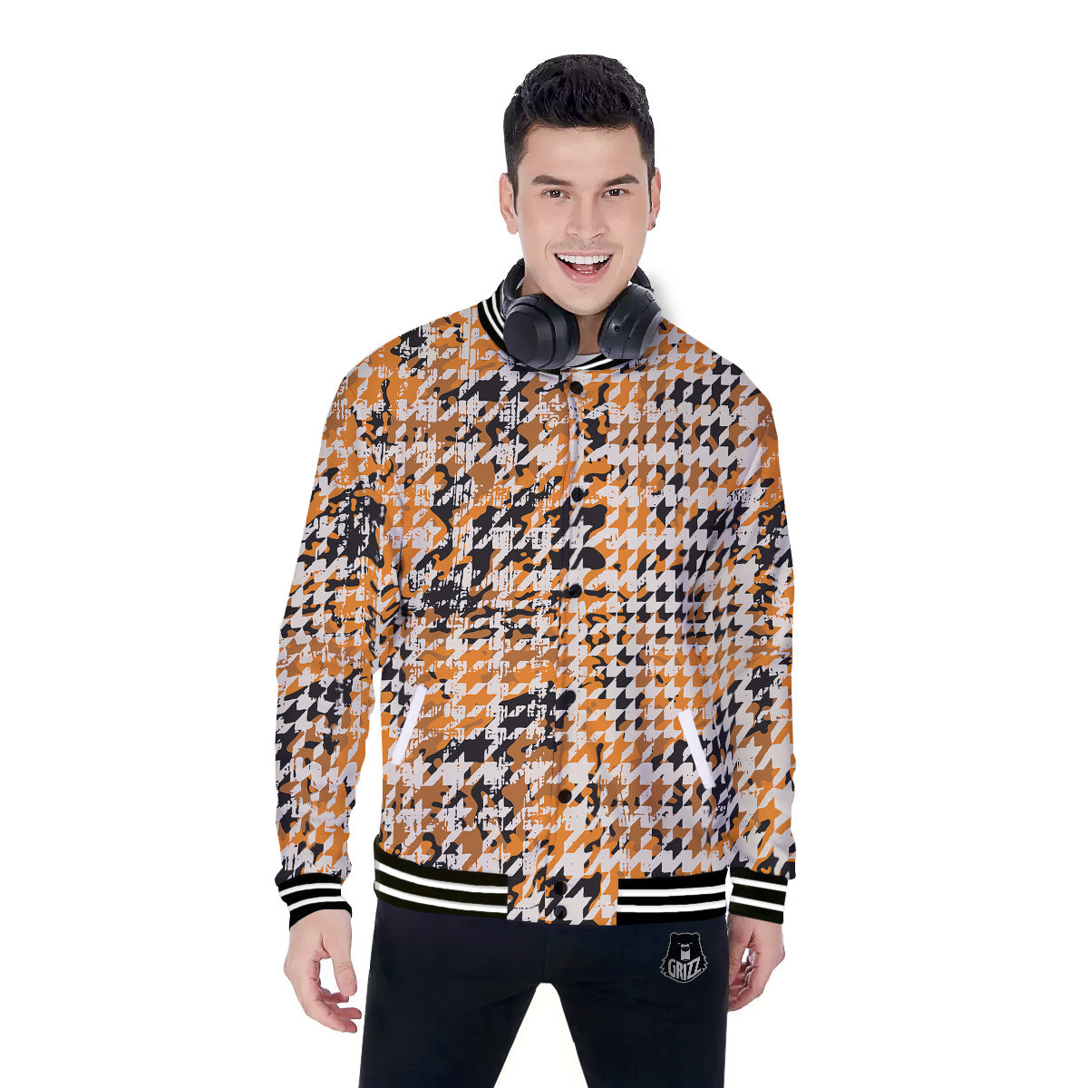 Abstract Grunge Houndstooth Camo Print Pattern Baseball Jacket-grizzshop