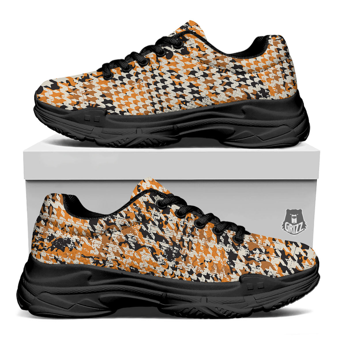 Abstract Grunge Houndstooth Camo Print Pattern Black Chunky Shoes-grizzshop