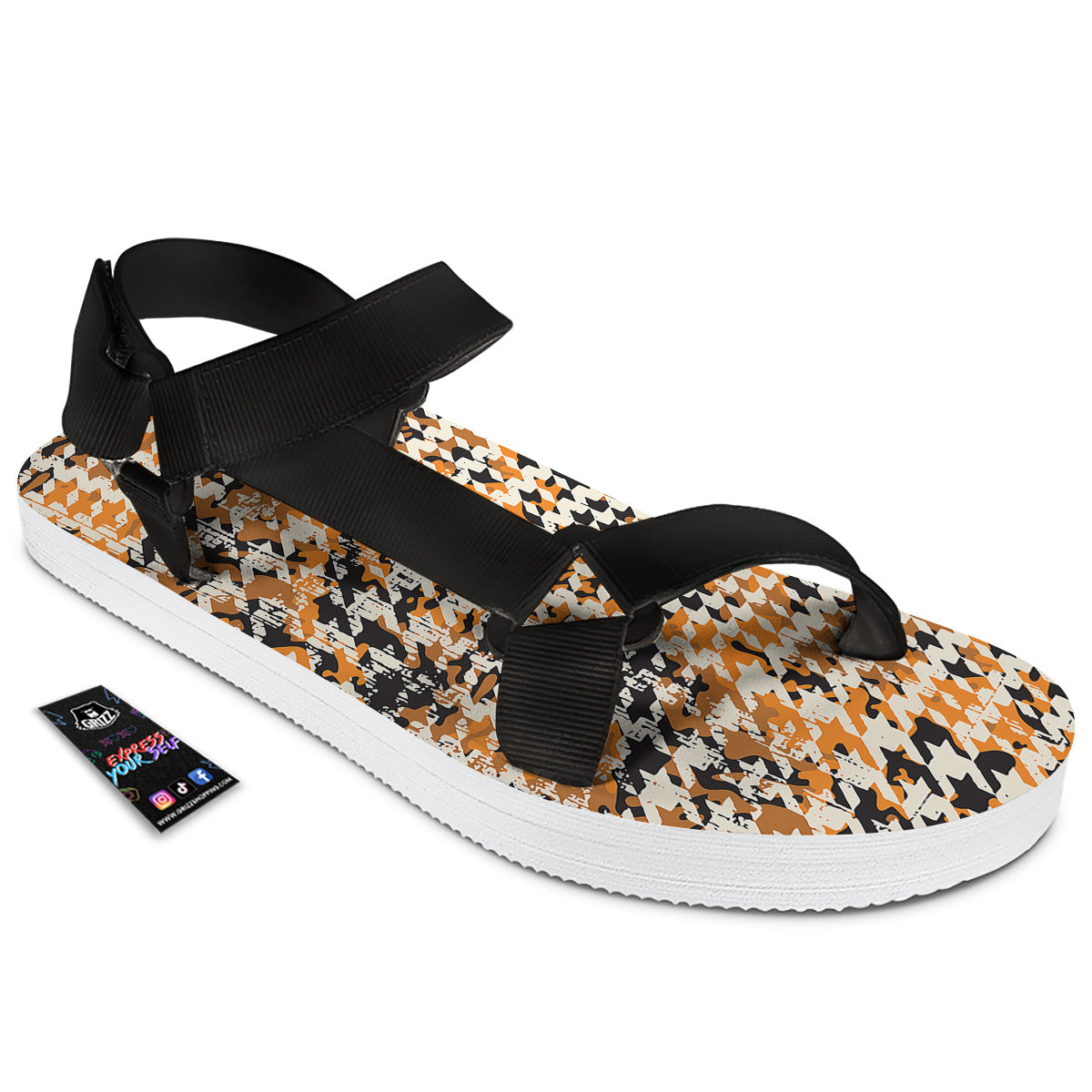 Abstract Grunge Houndstooth Camo Print Pattern Black Open Toe Sandals-grizzshop