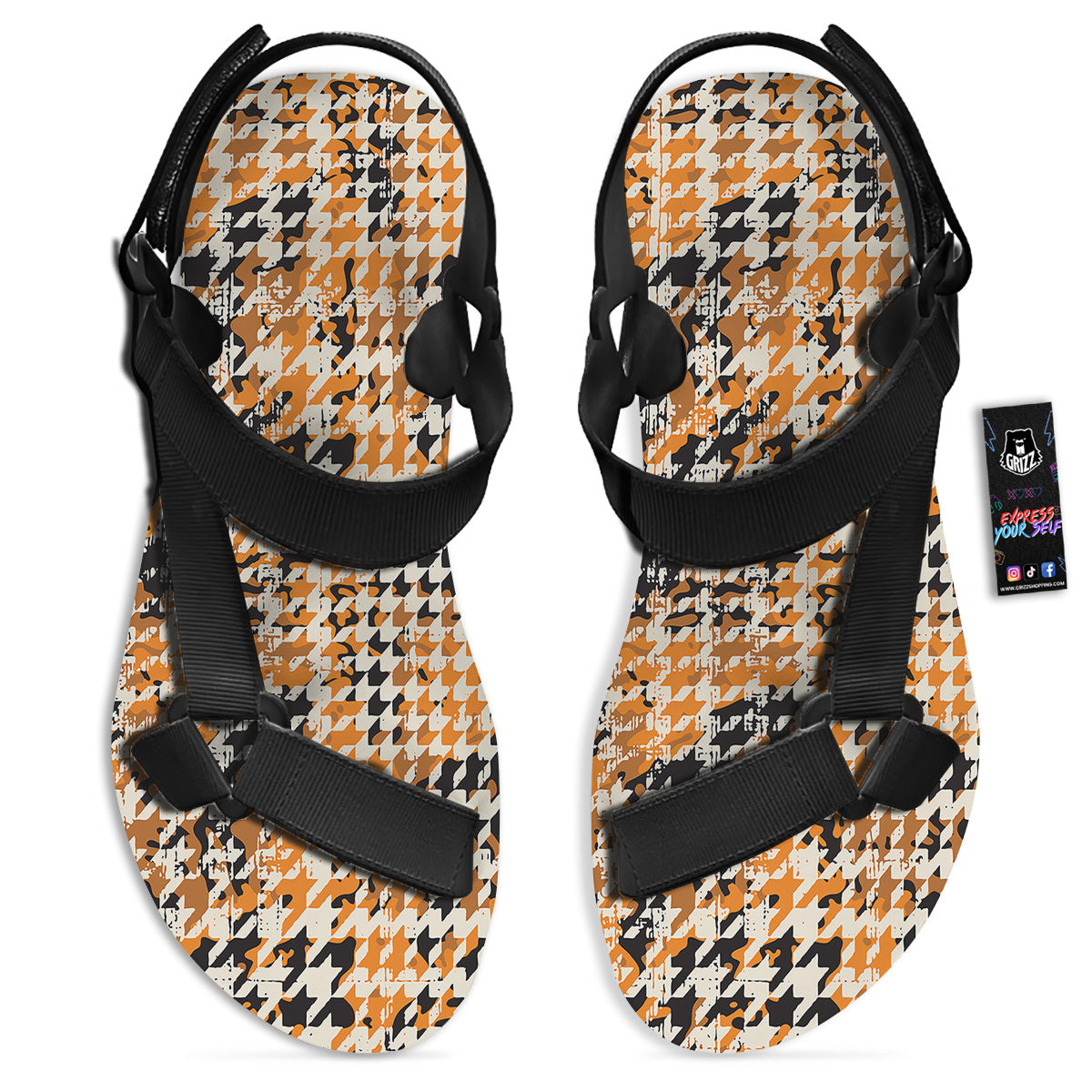 Abstract Grunge Houndstooth Camo Print Pattern Black Open Toe Sandals-grizzshop