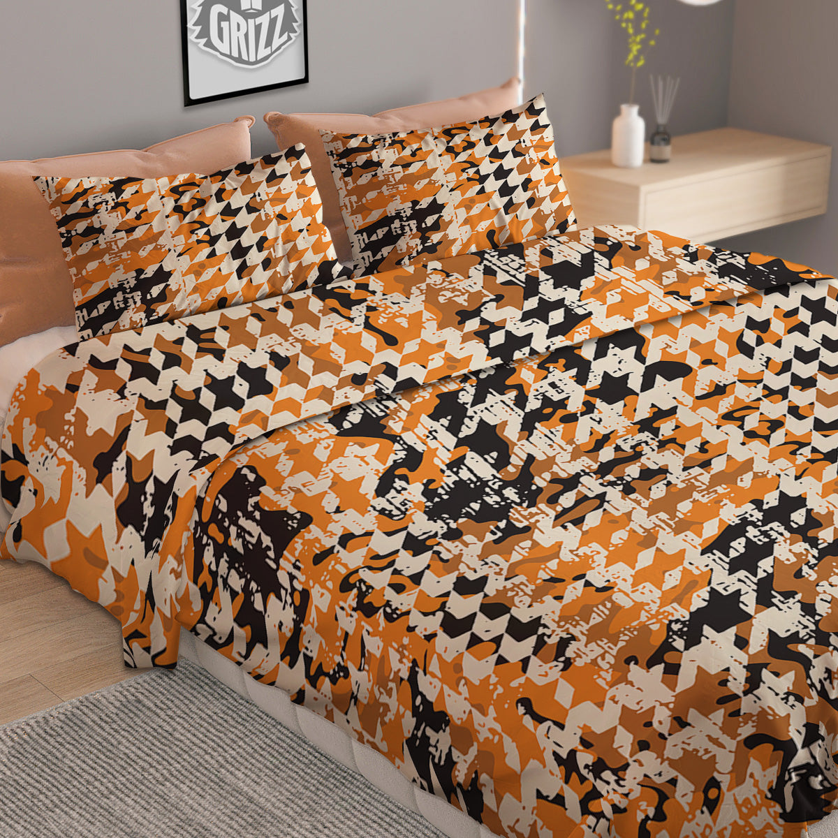 Abstract Grunge Houndstooth Camo Print Pattern Duvet Cover Bedding Set