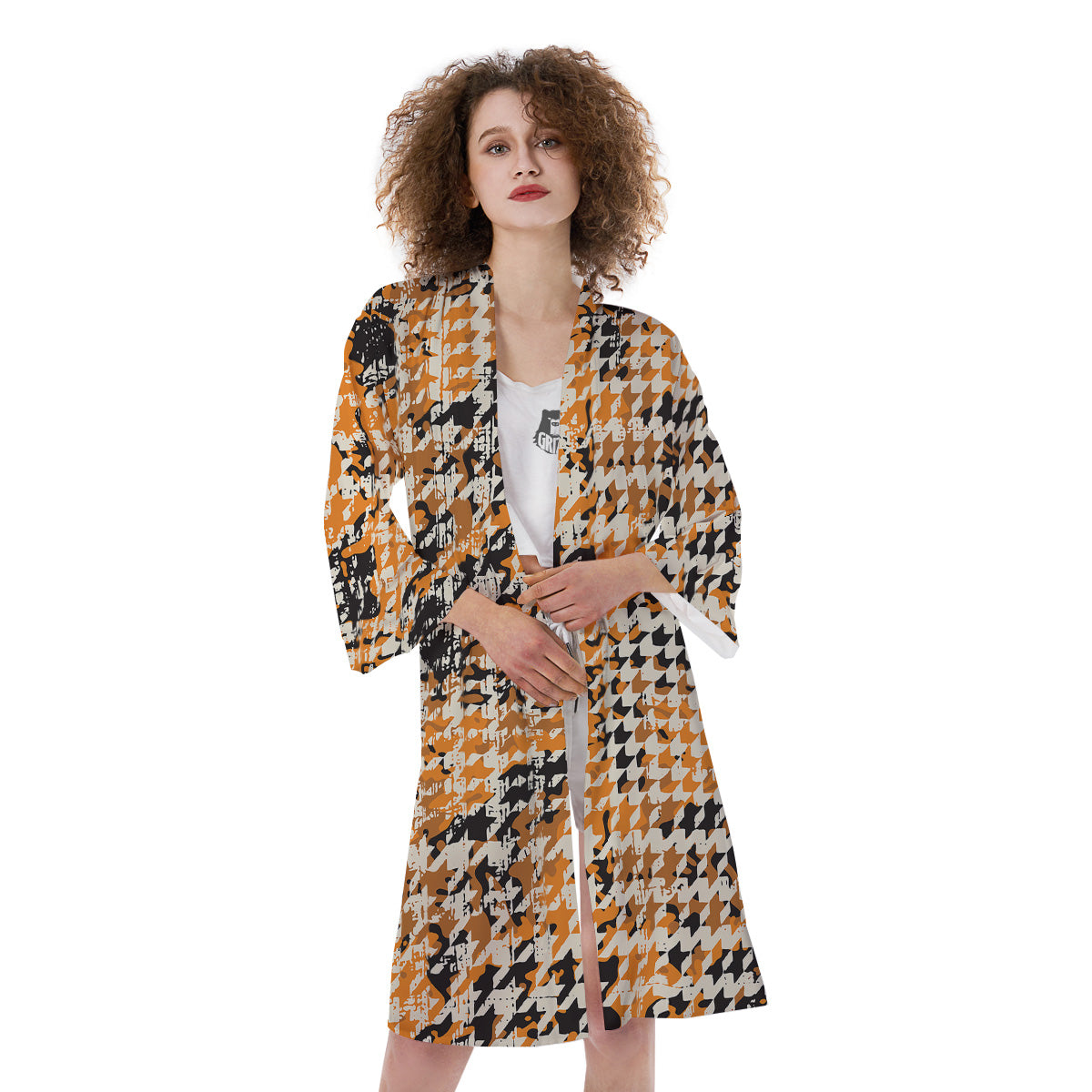 Abstract Grunge Houndstooth Camo Print Pattern Kimono-grizzshop