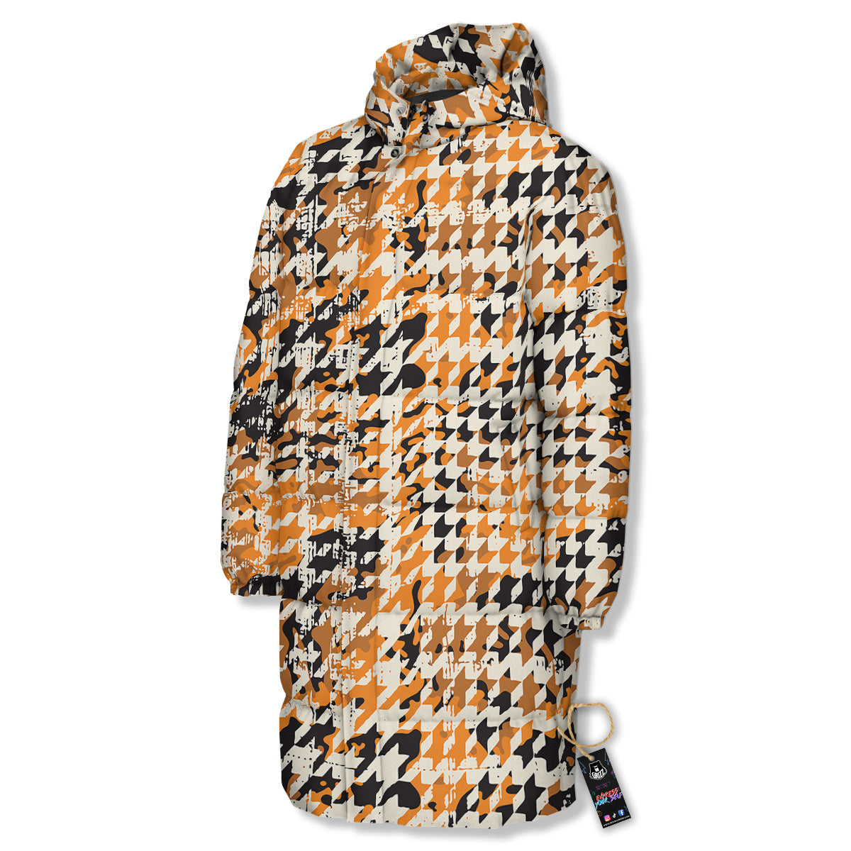 Abstract Grunge Houndstooth Camo Print Pattern Long Down Jacket-grizzshop