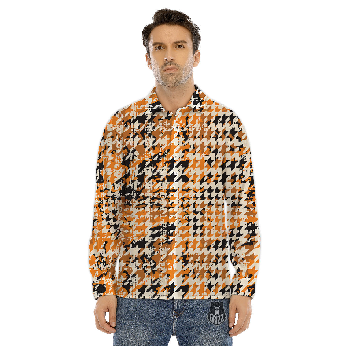 Abstract Grunge Houndstooth Camo Print Pattern Men's Dress Shirts-grizzshop