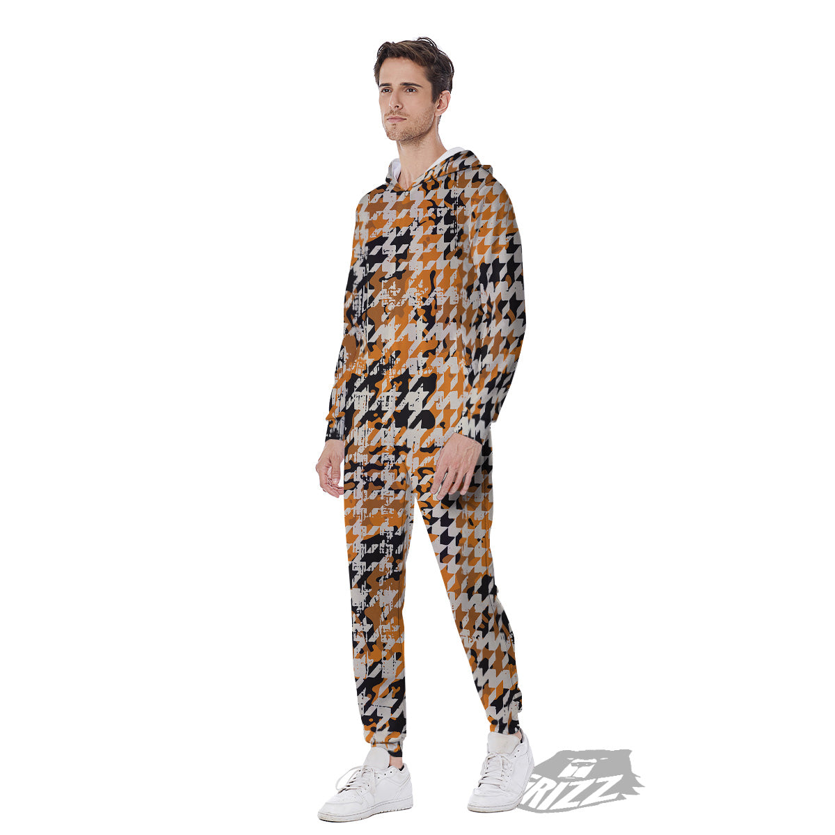 Abstract Grunge Houndstooth Camo Print Pattern Men's Jumpsuit-grizzshop