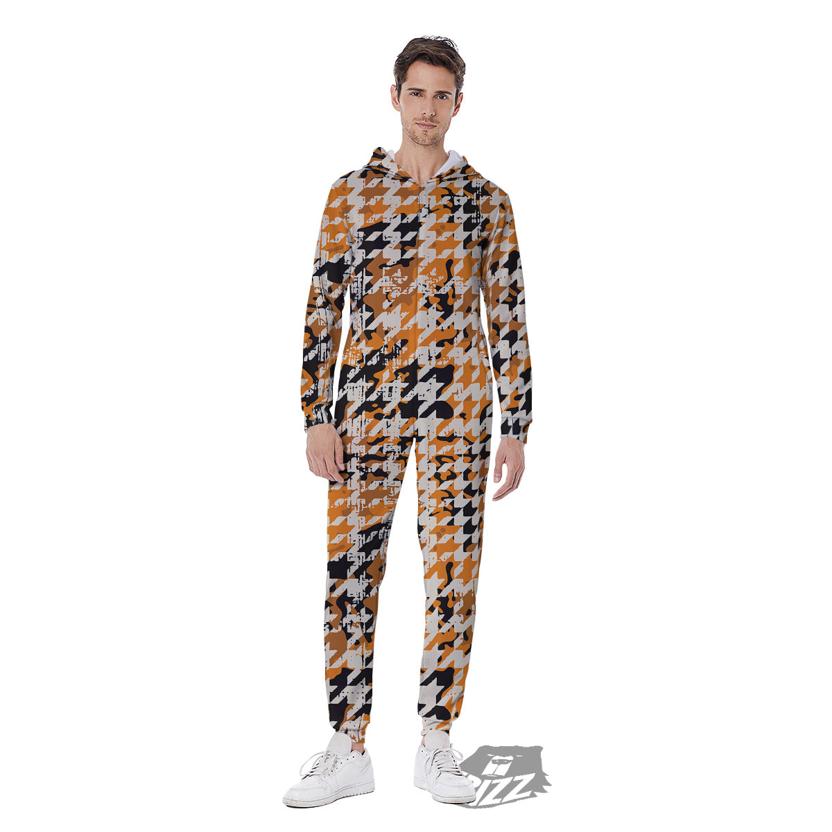 Abstract Grunge Houndstooth Camo Print Pattern Men's Jumpsuit-grizzshop