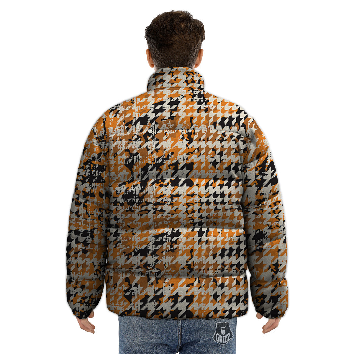 Abstract Grunge Houndstooth Camo Print Pattern Puffer Jacket-grizzshop
