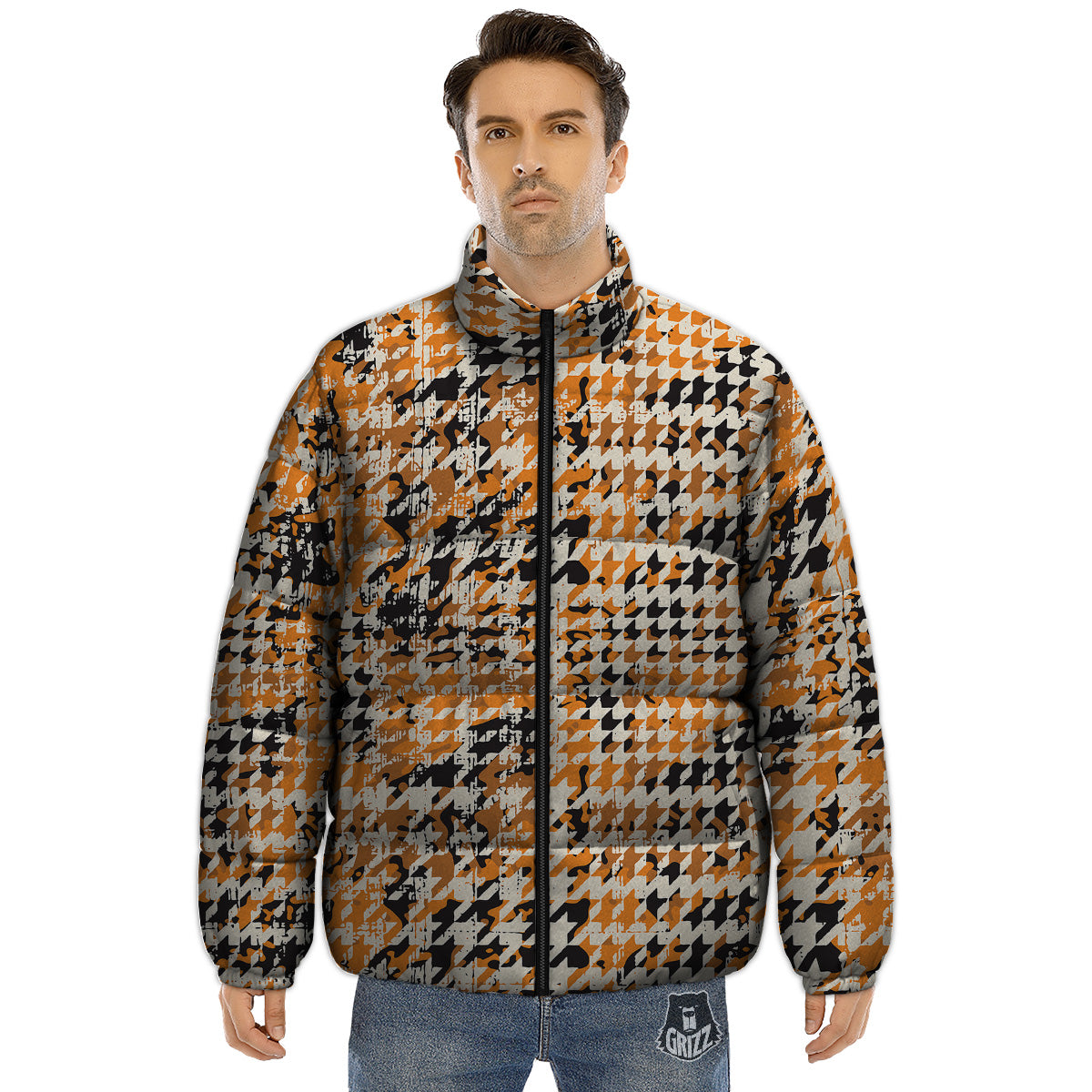 Abstract Grunge Houndstooth Camo Print Pattern Puffer Jacket-grizzshop