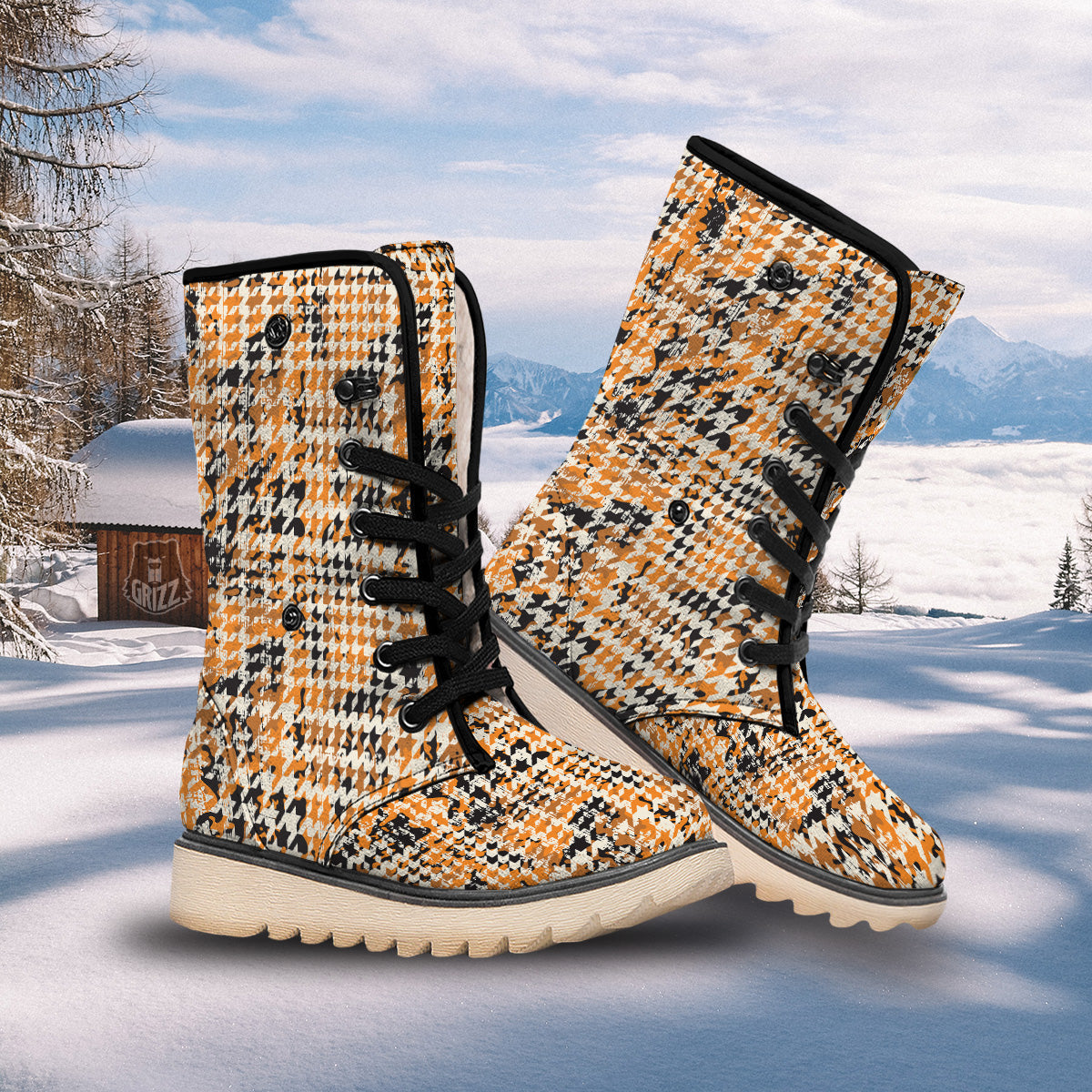 Abstract Grunge Houndstooth Camo Print Pattern Snow Boots-grizzshop