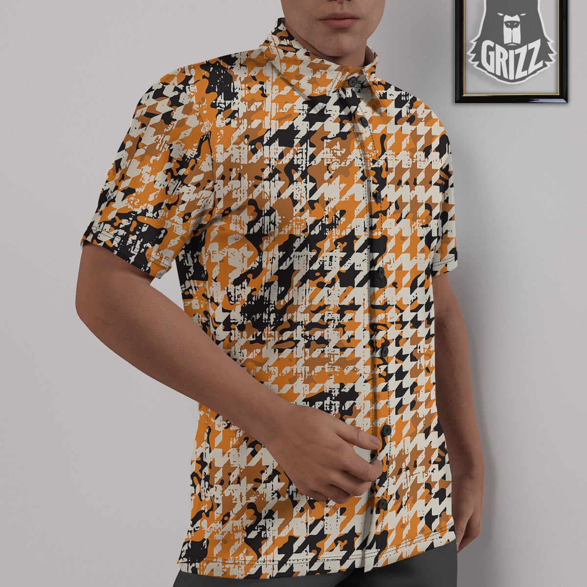 Abstract Grunge Houndstooth Camo Print Pattern Untucked Shirts-grizzshop