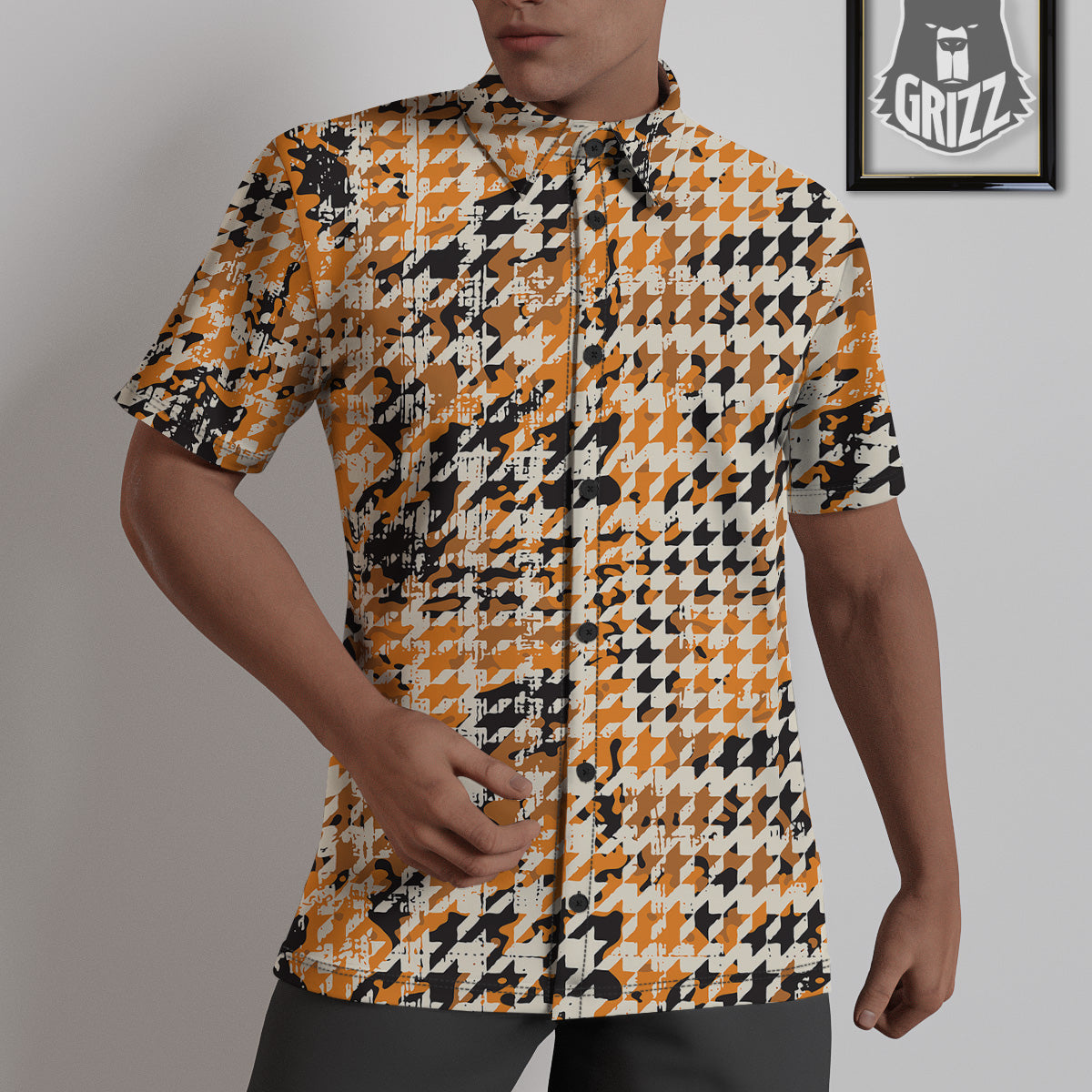 Abstract Grunge Houndstooth Camo Print Pattern Untucked Shirts-grizzshop