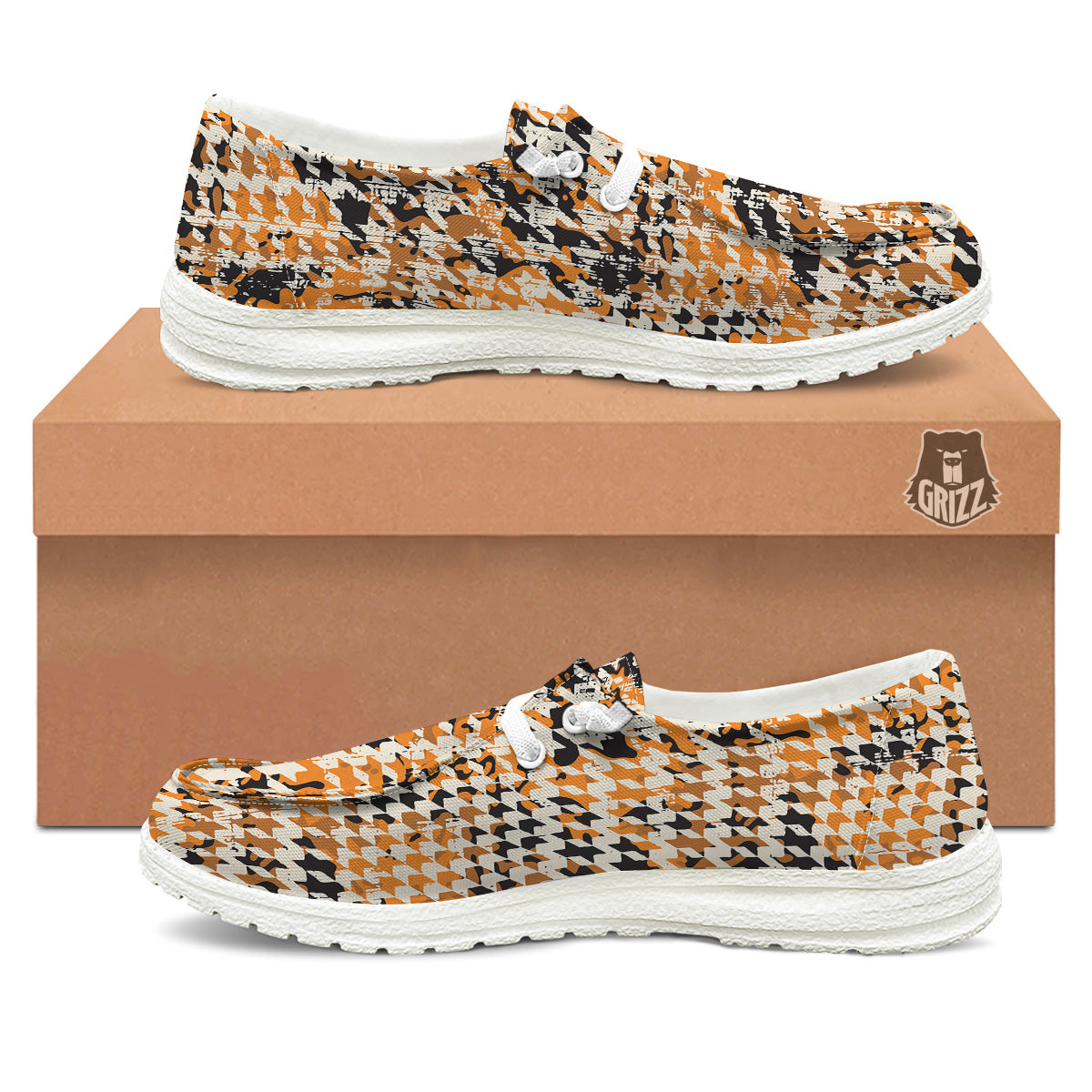 Abstract Grunge Houndstooth Camo Print Pattern White Loafers-grizzshop