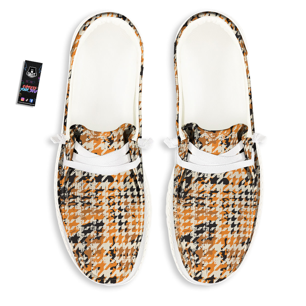 Abstract Grunge Houndstooth Camo Print Pattern White Loafers-grizzshop