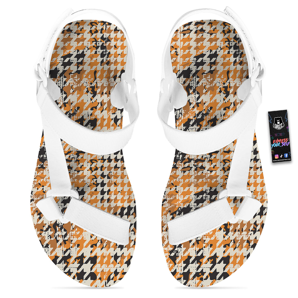Abstract Grunge Houndstooth Camo Print Pattern White Open Toe Sandals-grizzshop