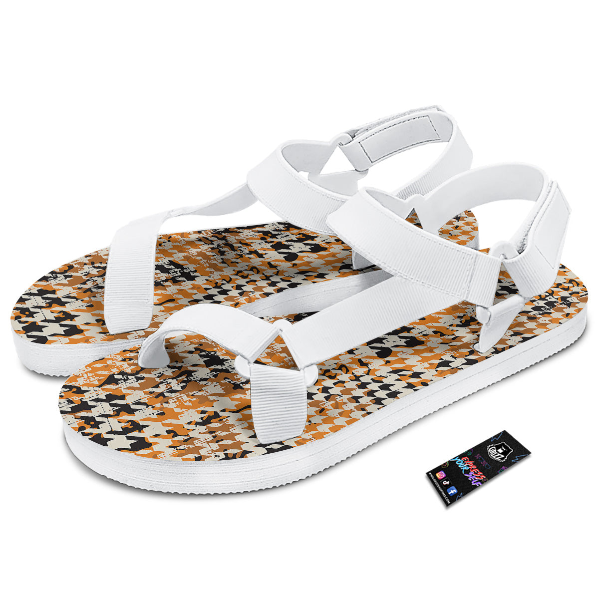 Abstract Grunge Houndstooth Camo Print Pattern White Open Toe Sandals-grizzshop