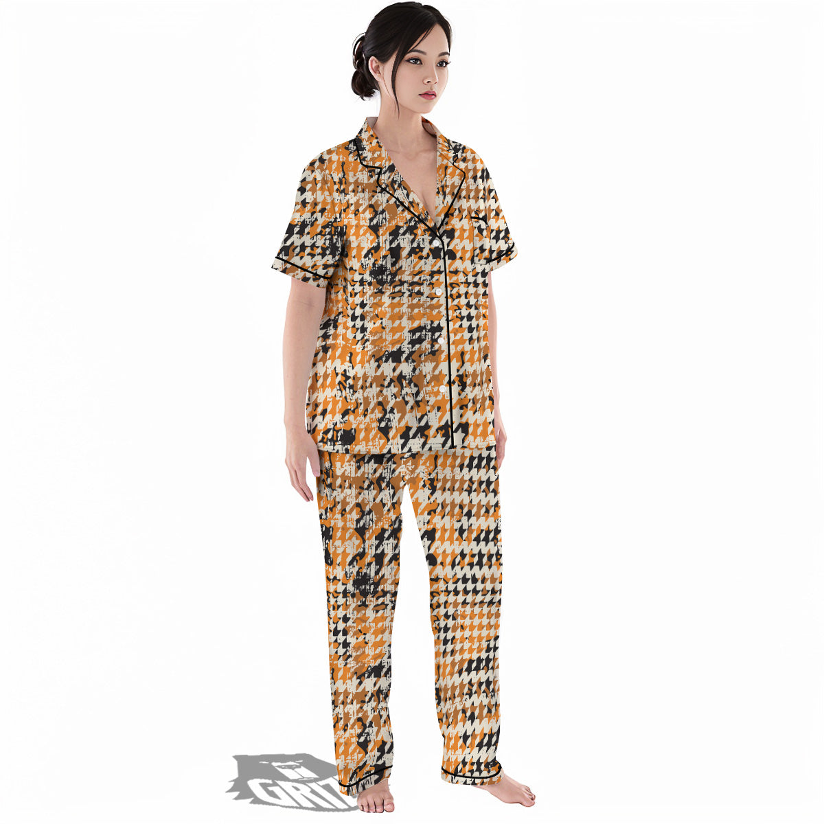 Abstract Grunge Houndstooth Camo Print Pattern Women's Pajamas Set-grizzshop