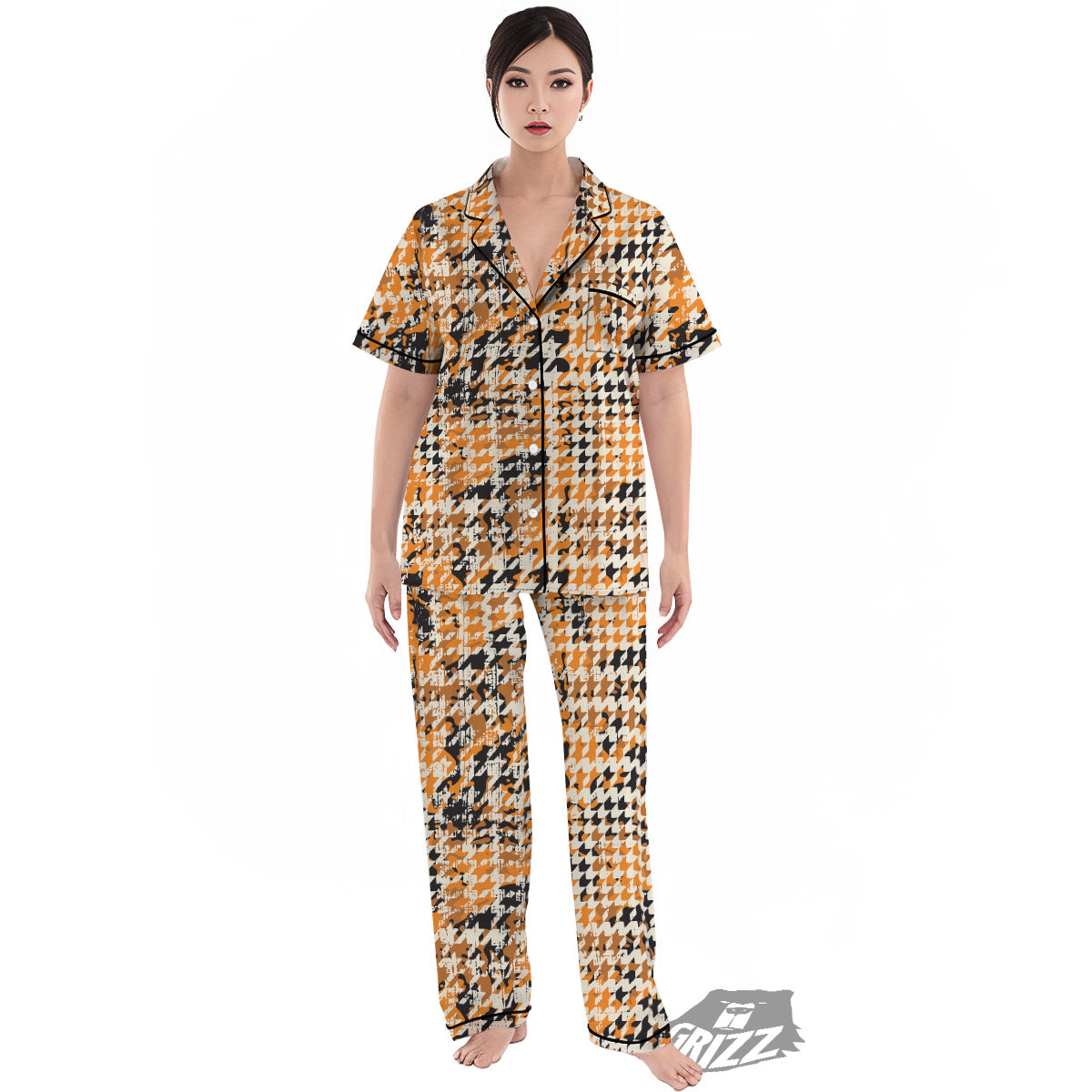 Abstract Grunge Houndstooth Camo Print Pattern Women's Pajamas Set-grizzshop
