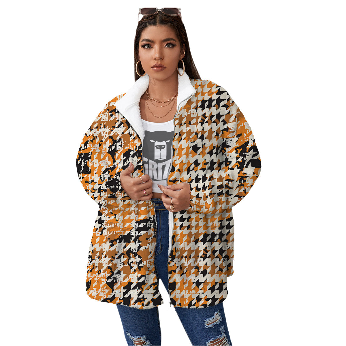Abstract Grunge Houndstooth Camo Print Pattern Women's Sherpa Jacket-grizzshop