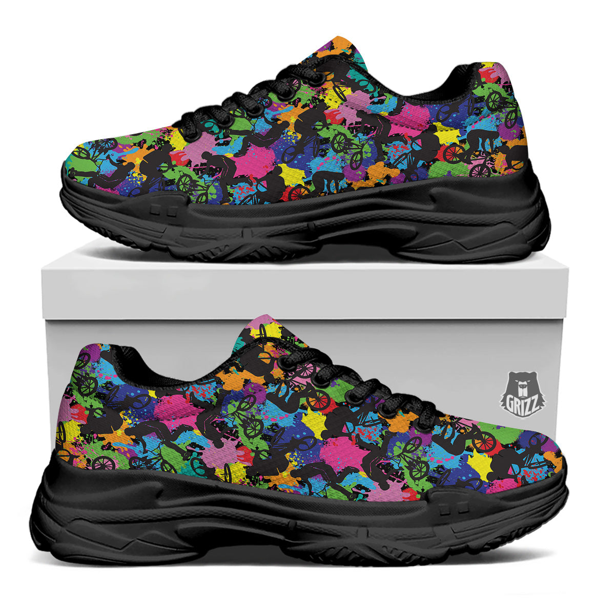 Abstract Grunge Urban Colorful Bicycle Print Pattern Black Chunky Shoes-grizzshop