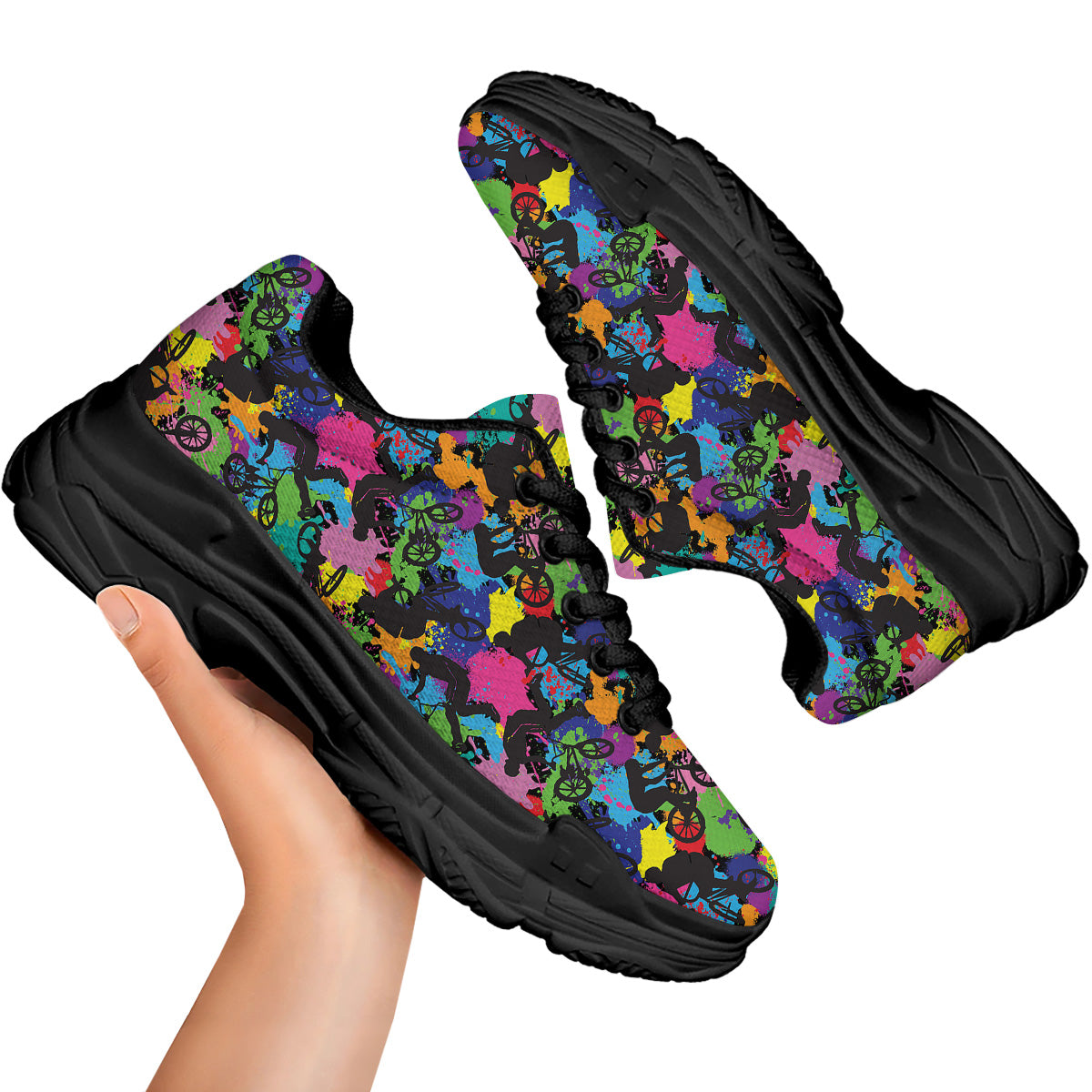 Abstract Grunge Urban Colorful Bicycle Print Pattern Black Chunky Shoes-grizzshop