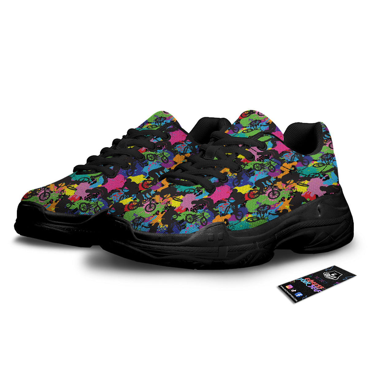 Abstract Grunge Urban Colorful Bicycle Print Pattern Black Chunky Shoes-grizzshop