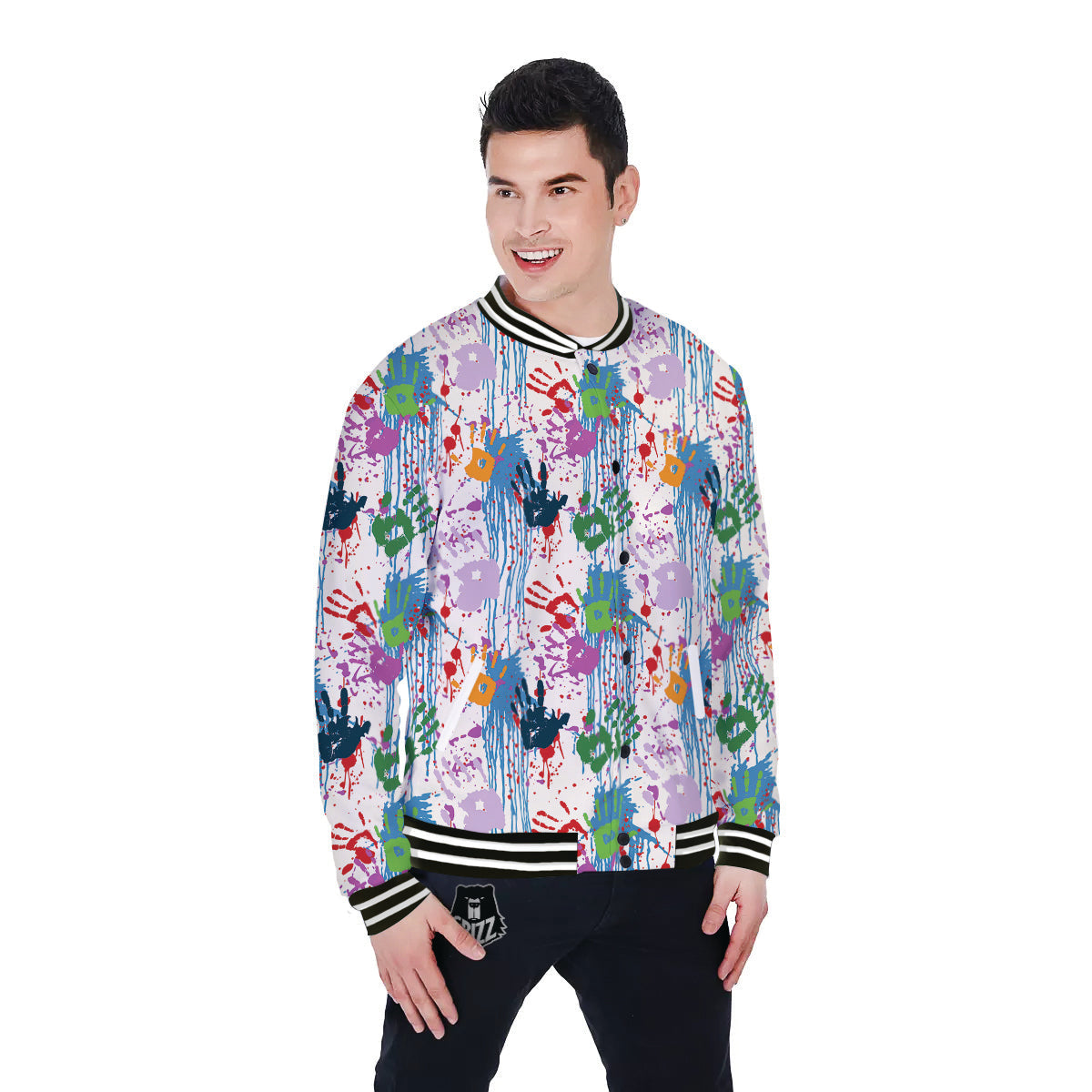 Abstract Hand Prints Colorful Print Pattern Baseball Jacket-grizzshop